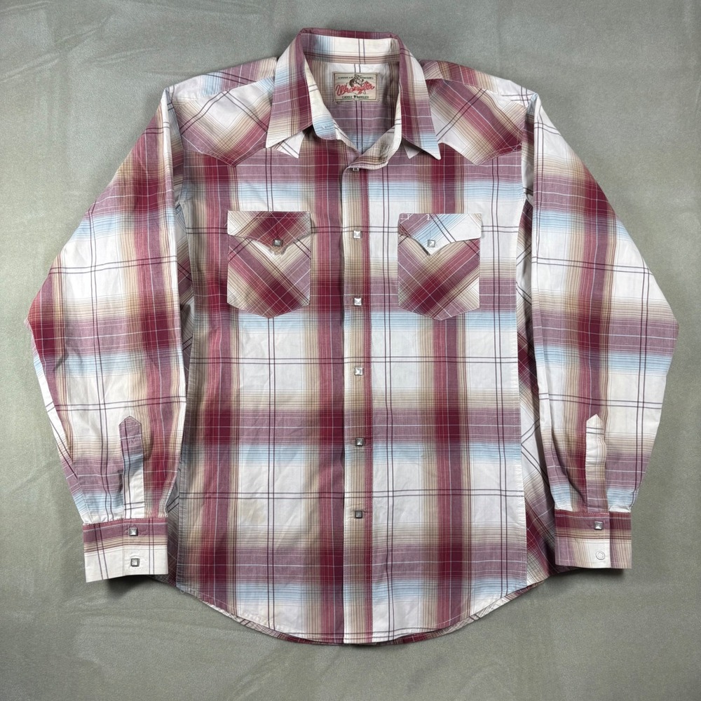 Wrangler American Cowboys Mens Plaid Western Pearl Snap Shirt Burgundy Tan XL